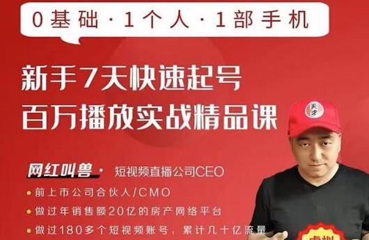 网红叫兽·新手7天快速起号百万播放实战精品课,0基础1个人1部手机-网络创业副业兼职学习网