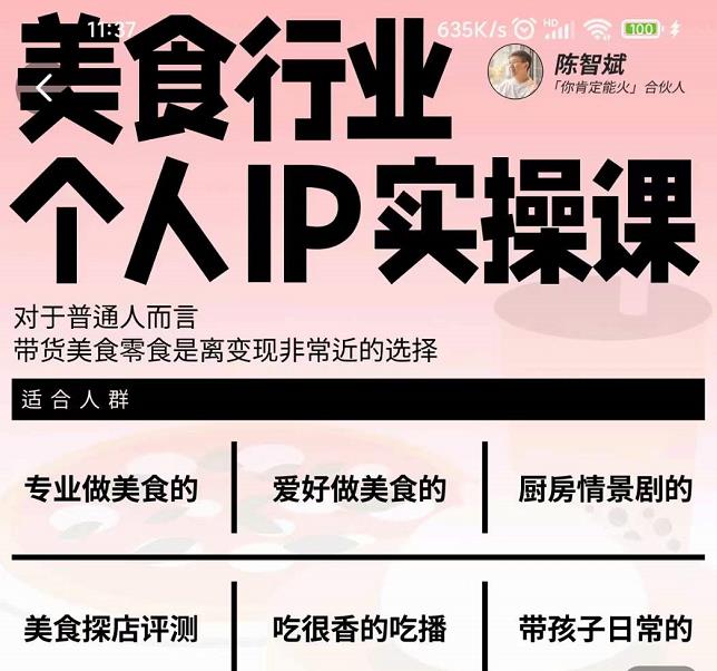 美食行业个人IP实操课，对于普通人而言，带货美食零食是离变现非常近的选择-网络创业副业兼职学习网