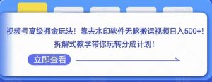 视频号高级掘金玩法,靠去水印软件无脑搬运视频日入500+,拆解式教学带你玩转分成计划【揭秘】-网络创业副业兼职学习网