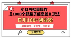 小红书批量操作《1000个野路子信息差》玩法,一分钟制作一个图文,不封号,日引100+创业粉-网络创业副业兼职学习网