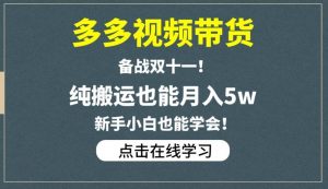 多多视频带货，备战双十一，纯搬运也能月入5w，新手小白也能学会-网络创业副业兼职学习网
