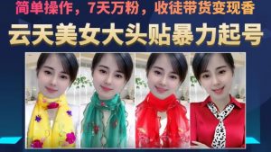 云天美女大头贴暴力起号教学，简单操作，7天万粉，收徒带货变现香-网络创业副业兼职学习网