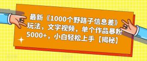 最新《1000个野路子信息差》玩法，文字视频，单个作品暴粉5000+，小白轻松上手【揭秘】-网络创业副业兼职学习网