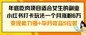 年底吃肉项目适合女生的副业小红书打卡玩法一个月涨粉6万+变现能力强+单月收益5位数【揭秘】-网络创业副业兼职学习网