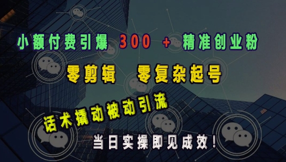 小额付费引爆 300 + 精准创业粉，零剪辑、零复杂起号，话术撬动被动引流，当日实操即见成效-网络创业副业兼职学习网