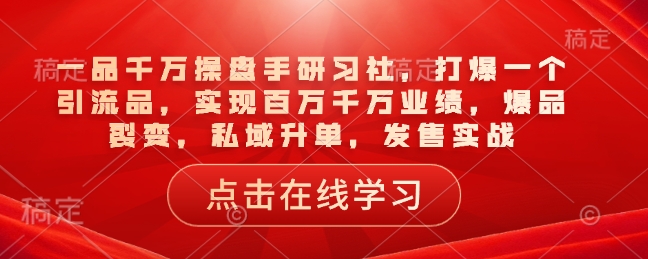 一品千万操盘手研习社，打爆一个引流品，实现百万千万业绩，爆品裂变，私域升单，发售实战-网络创业副业兼职学习网