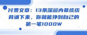 付费文章:13条深层内幕统统背诵下来,你就能挣到自己的第一笔1000W-网络创业副业兼职学习网